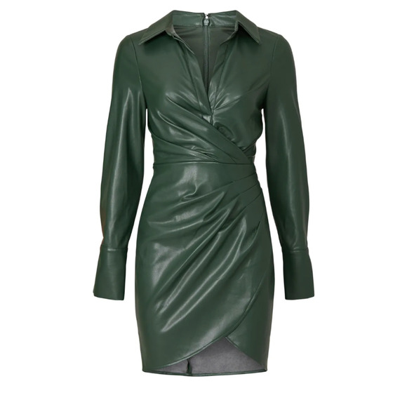 One33 Social Green Faux Leather Mini Shirt Dress SIze 2 Faux Wrap Designer $275 - Picture 9 of 11